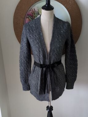 H&M Front Gray Knit Cardigan with Tie Belt